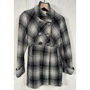 Michael Kors Women's Double Breasted Wool Pea Coat Plaid Small 8 Cream Black